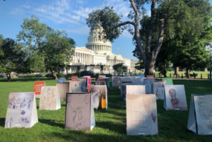 art installation of kids' art in front of Congress