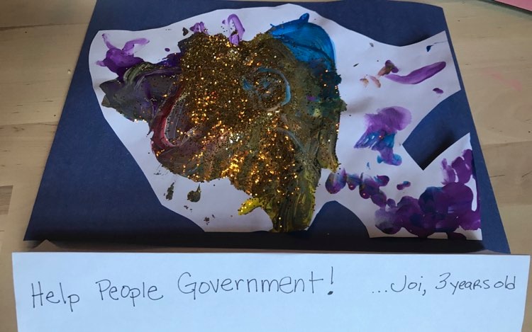 Abstract painting by Joi (3 years). She says, "Help people government!"